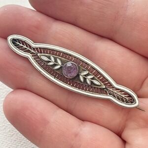 Antique Victorian Germany Amethyst Enamel White Sterling Silver Bar Brooch Pin